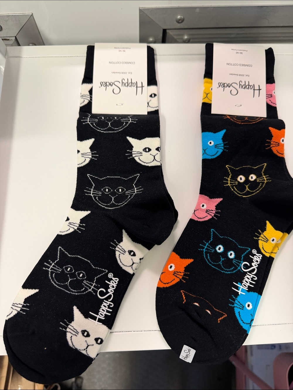 Happy Socks Black Cat Crew Socks — Black with White and Multicolor Cat Faces